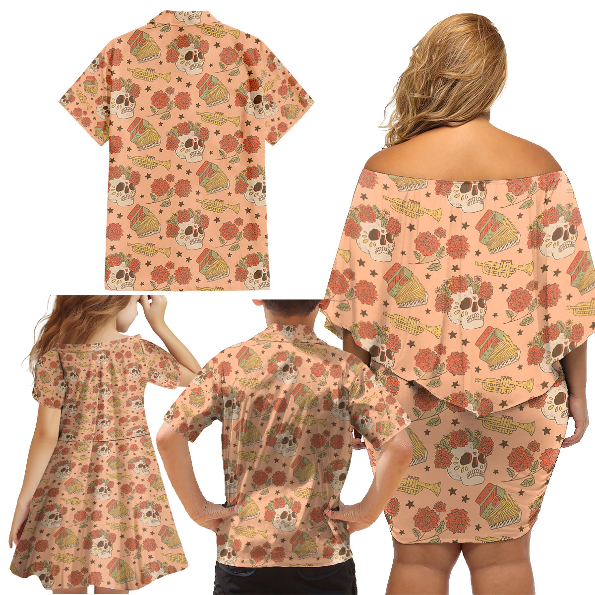 Day of the Dead Family Matching Off Shoulder Short Dress and Hawaiian Shirt Sugar Skulls - Wonder Print Shop