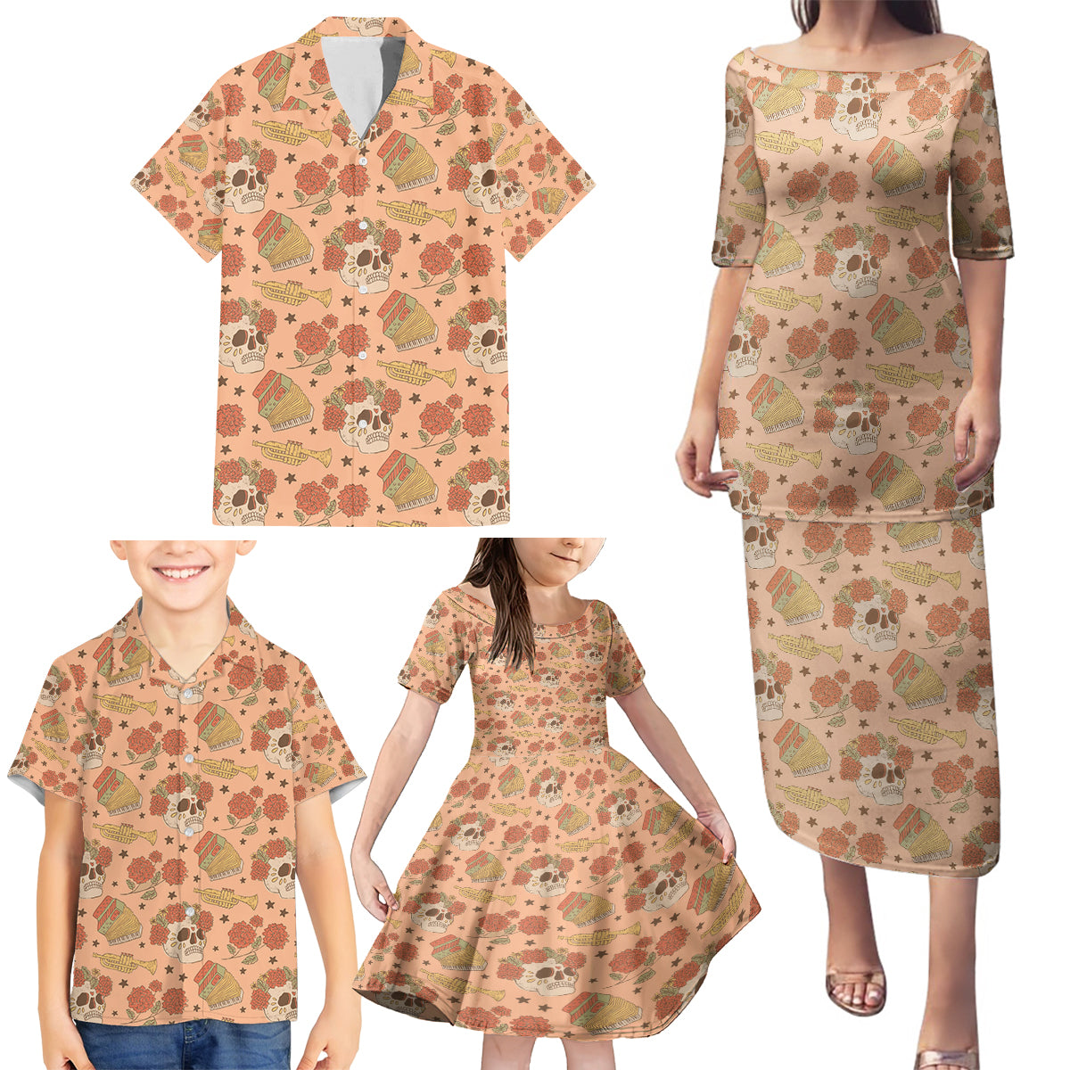 Day of the Dead Family Matching Puletasi Dress and Hawaiian Shirt Sugar Skulls - Wonder Print Shop