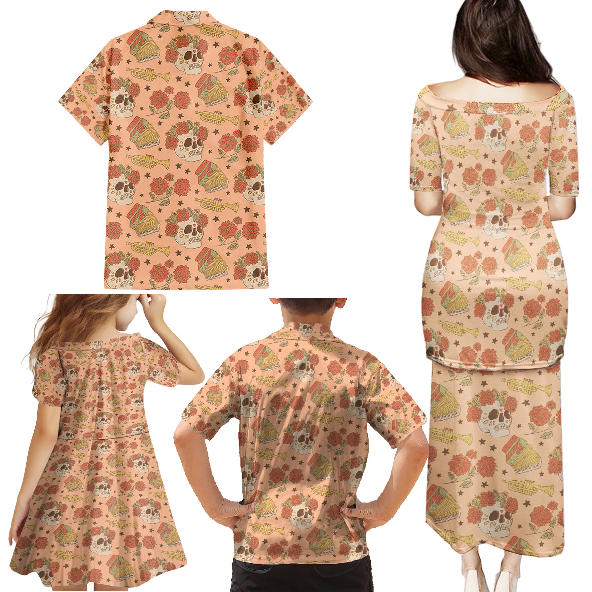 Day of the Dead Family Matching Puletasi Dress and Hawaiian Shirt Sugar Skulls - Wonder Print Shop
