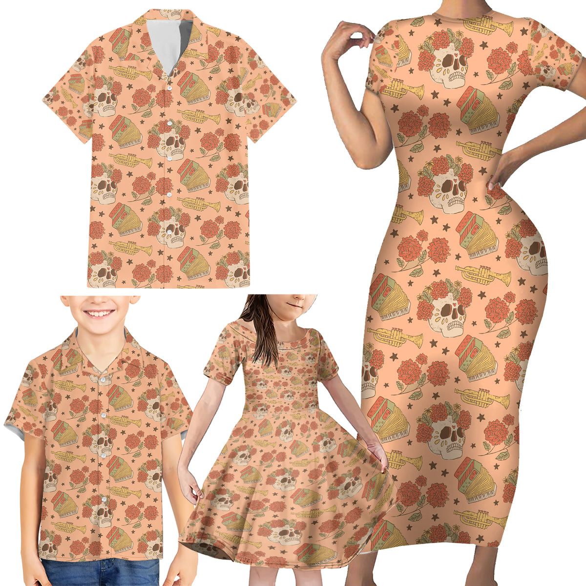 Day of the Dead Family Matching Short Sleeve Bodycon Dress and Hawaiian Shirt Sugar Skulls - Wonder Print Shop