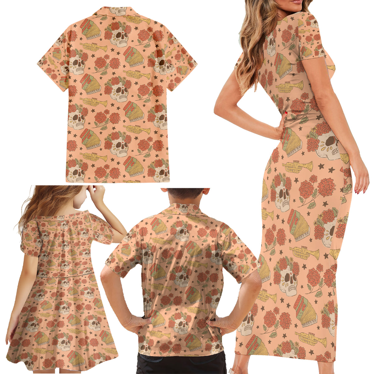 Day of the Dead Family Matching Short Sleeve Bodycon Dress and Hawaiian Shirt Sugar Skulls - Wonder Print Shop