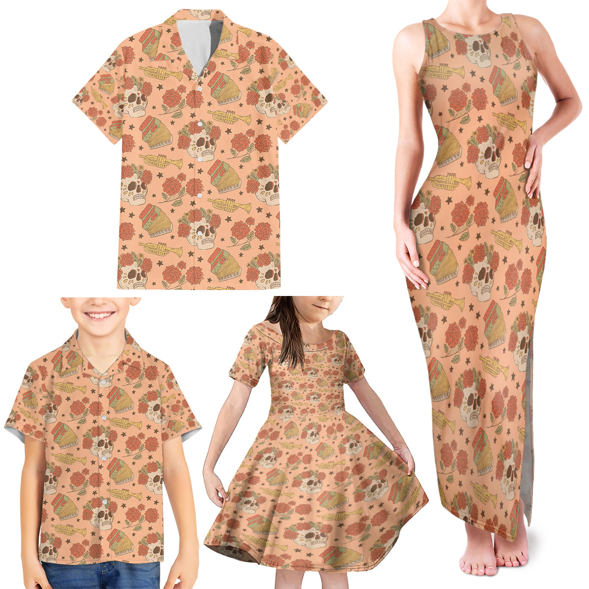 Day of the Dead Family Matching Tank Maxi Dress and Hawaiian Shirt Sugar Skulls - Wonder Print Shop