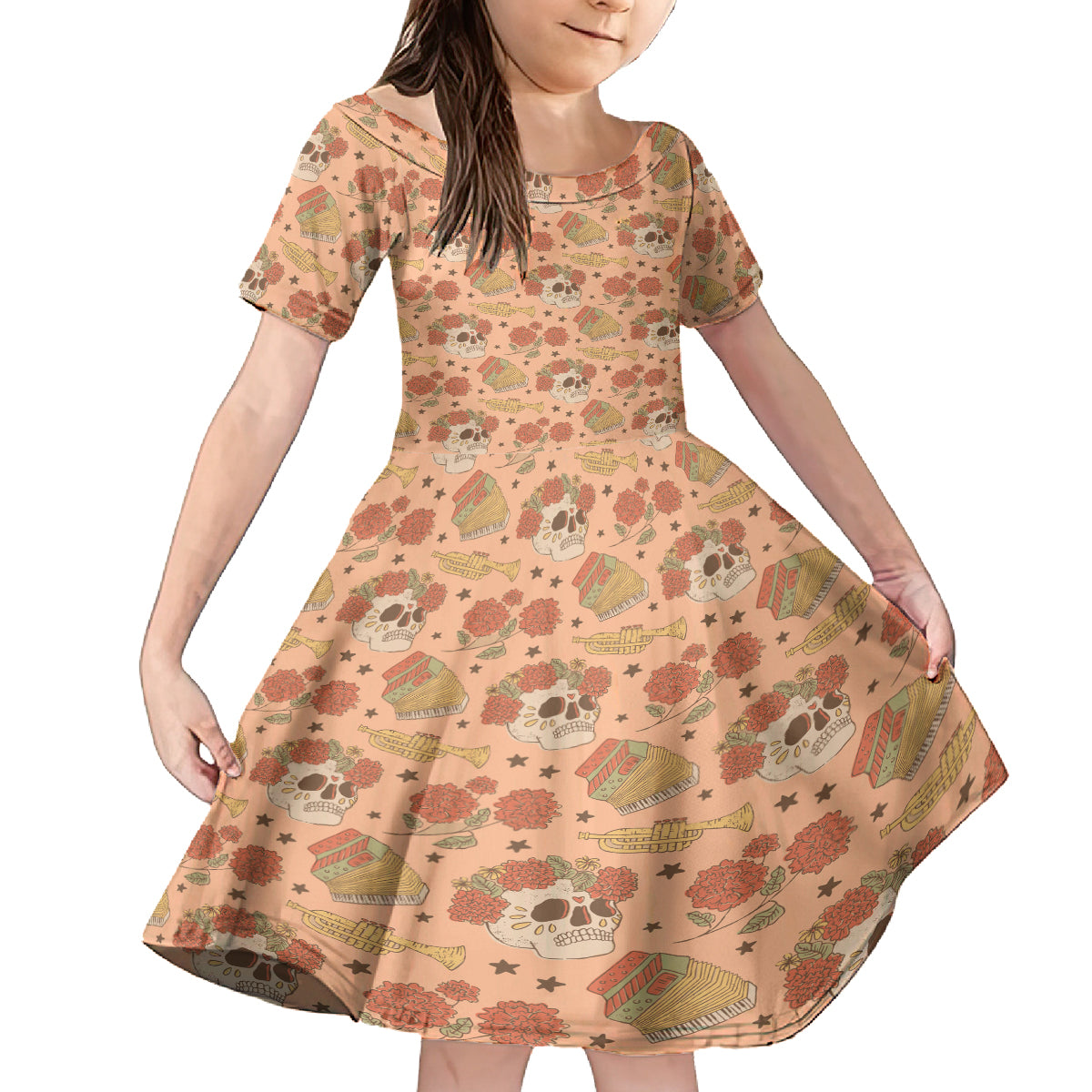 Day of the Dead Kid Short Sleeve Dress Sugar Skulls - Wonder Print Shop