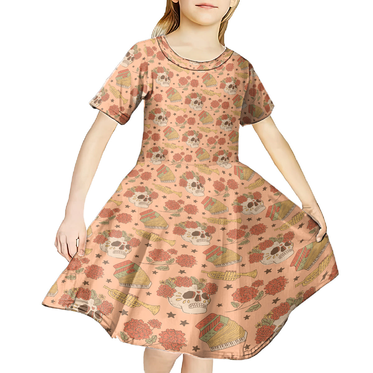 Day of the Dead Kid Short Sleeve Dress Sugar Skulls - Wonder Print Shop