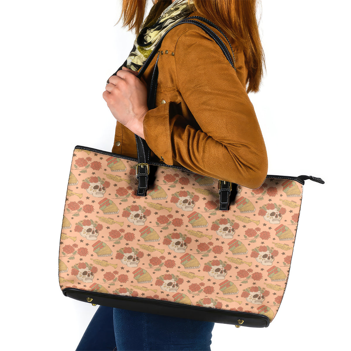 Day of the Dead Leather Tote Bag Sugar Skulls - Wonder Print Shop