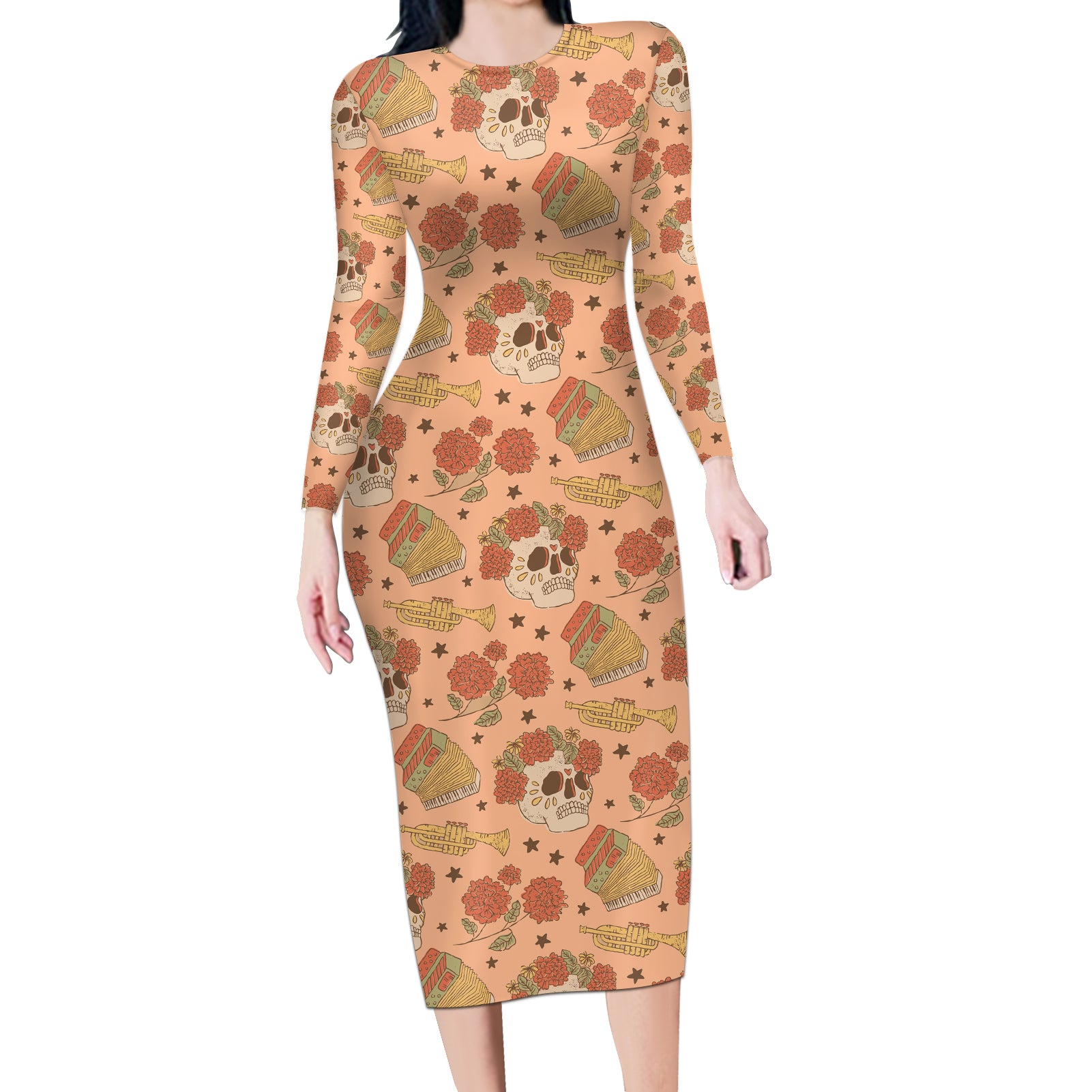 Day of the Dead Long Sleeve Bodycon Dress Sugar Skulls - Wonder Print Shop
