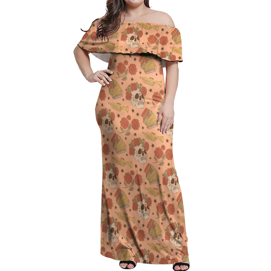 Day of the Dead Off Shoulder Maxi Dress Sugar Skulls - Wonder Print Shop