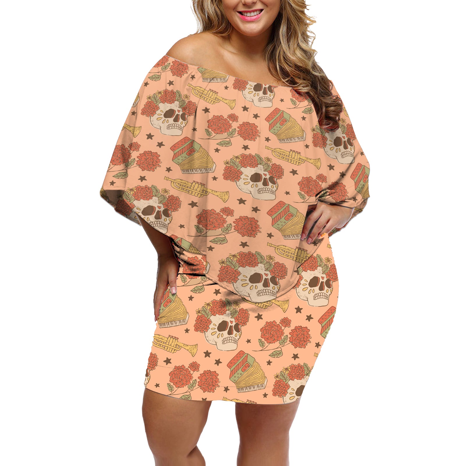 Day of the Dead Off Shoulder Short Dress Sugar Skulls - Wonder Print Shop