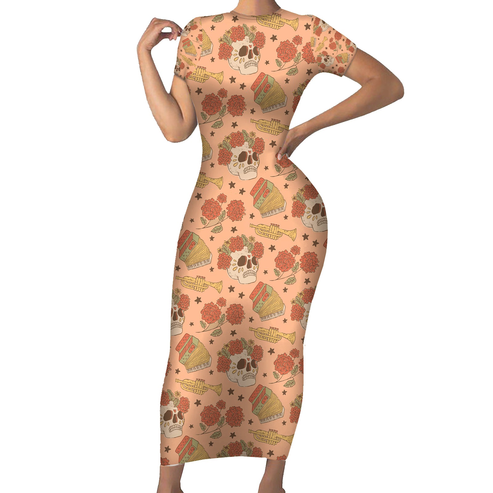 Day of the Dead Short Sleeve Bodycon Dress Sugar Skulls - Wonder Print Shop