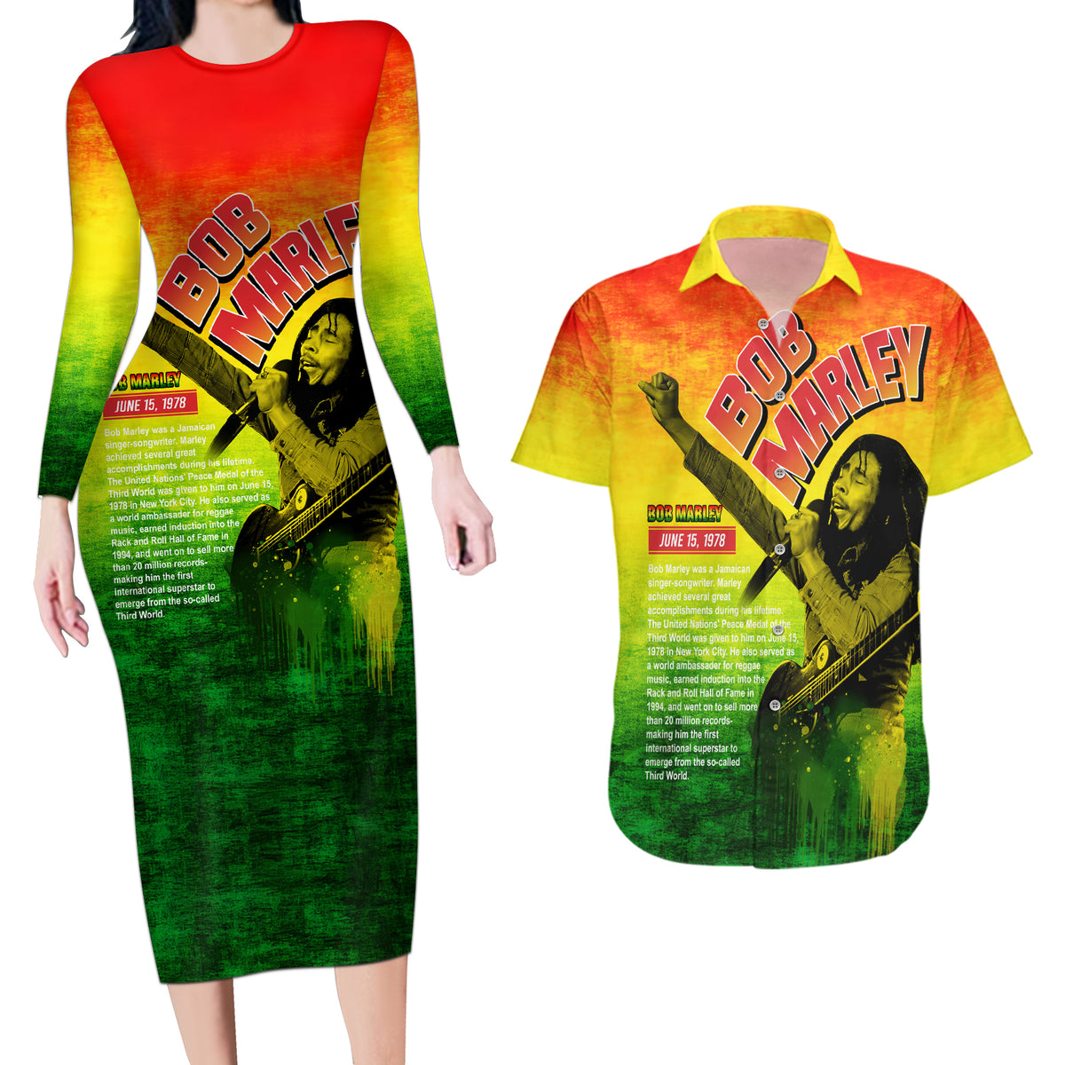The Real Legend Bob Couples Matching Long Sleeve Bodycon Dress and Hawaiian Shirt African Jamaica Reggae - Wonder Print Shop