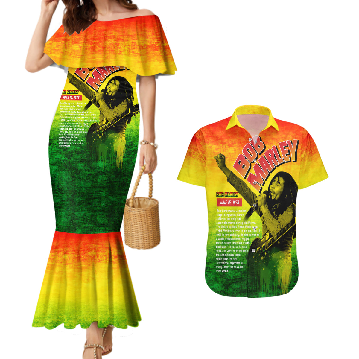 The Real Legend Bob Couples Matching Mermaid Dress and Hawaiian Shirt African Jamaica Reggae - Wonder Print Shop