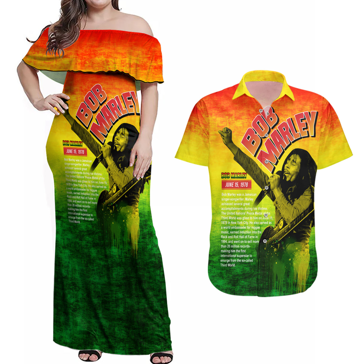 The Real Legend Bob Couples Matching Off Shoulder Maxi Dress and Hawaiian Shirt African Jamaica Reggae - Wonder Print Shop