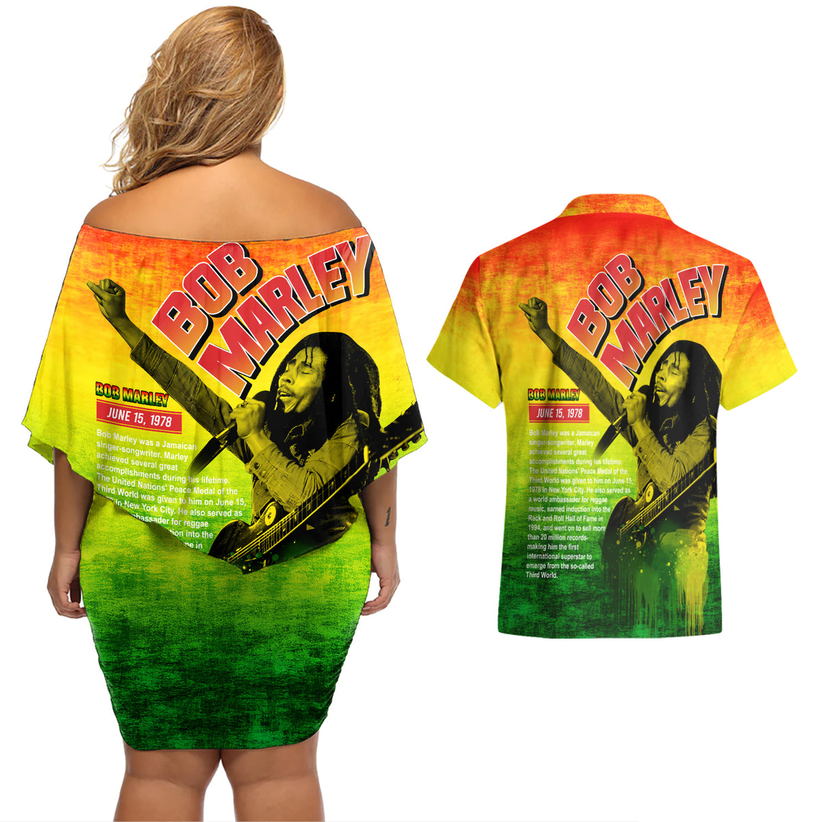 The Real Legend Bob Couples Matching Off Shoulder Short Dress and Hawaiian Shirt African Jamaica Reggae - Wonder Print Shop
