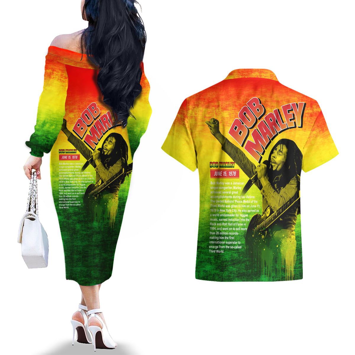 The Real Legend Bob Couples Matching Off The Shoulder Long Sleeve Dress and Hawaiian Shirt African Jamaica Reggae - Wonder Print Shop