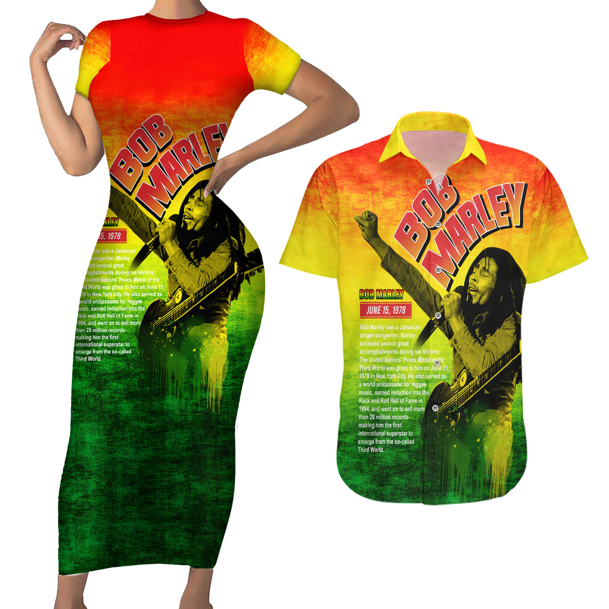 The Real Legend Bob Couples Matching Short Sleeve Bodycon Dress and Hawaiian Shirt African Jamaica Reggae - Wonder Print Shop