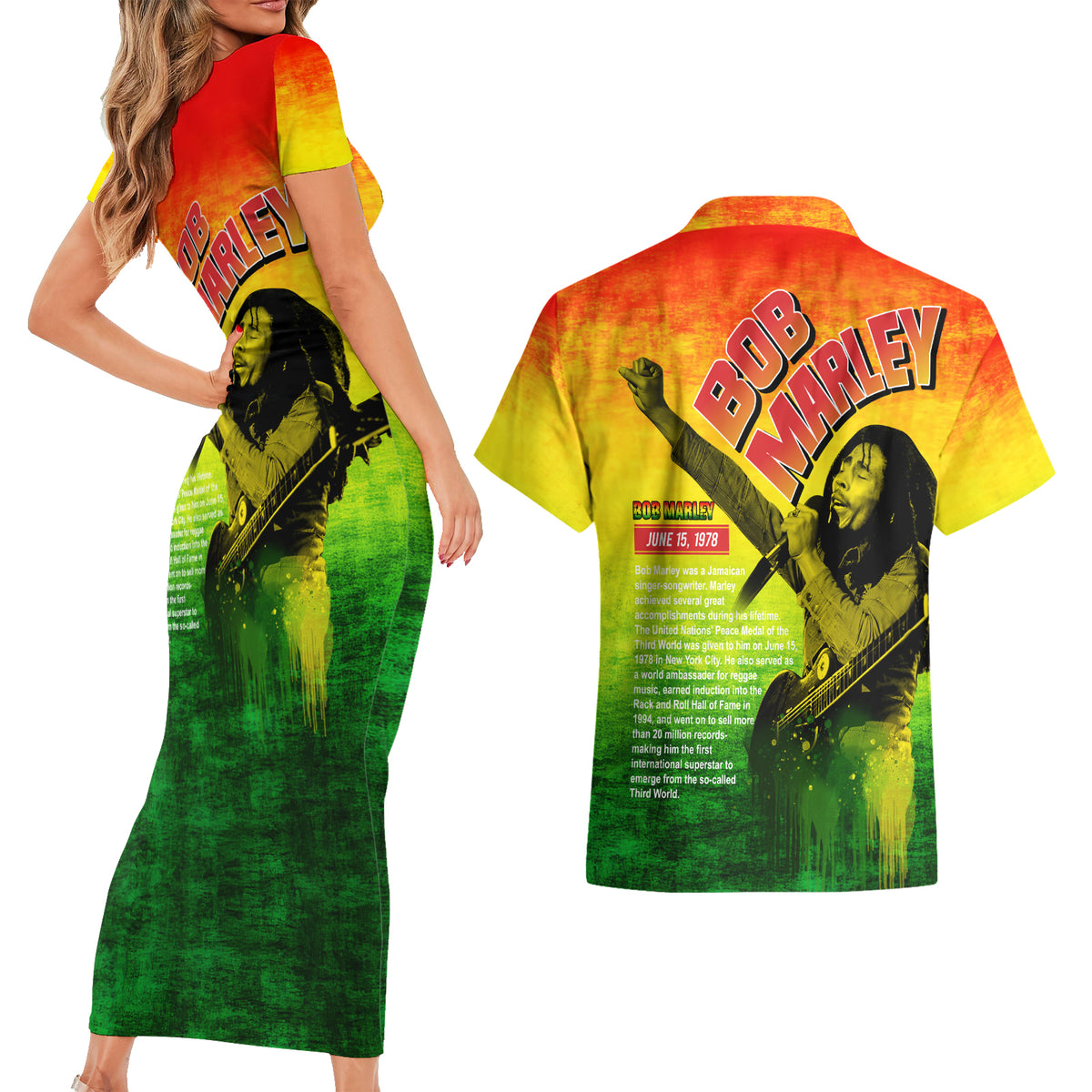 The Real Legend Bob Couples Matching Short Sleeve Bodycon Dress and Hawaiian Shirt African Jamaica Reggae - Wonder Print Shop