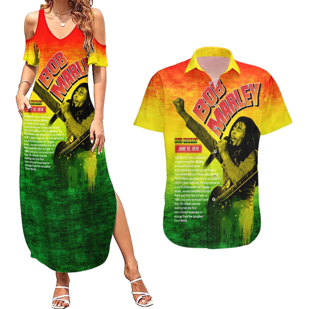 The Real Legend Bob Couples Matching Summer Maxi Dress and Hawaiian Shirt African Jamaica Reggae - Wonder Print Shop