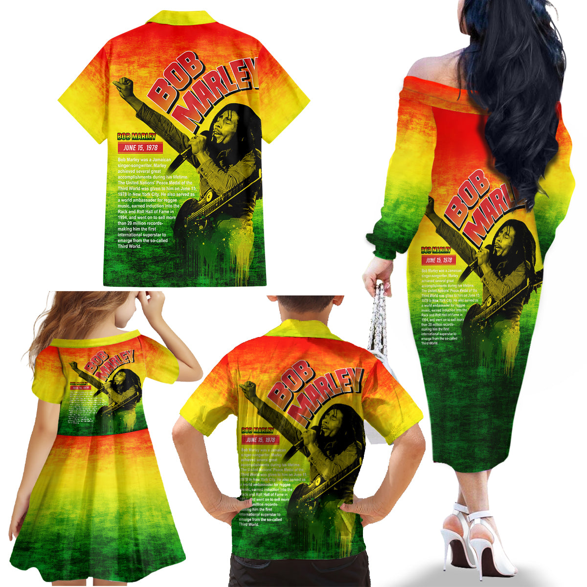 The Real Legend Bob Family Matching Off Shoulder Long Sleeve Dress and Hawaiian Shirt African Jamaica Reggae - Wonder Print Shop