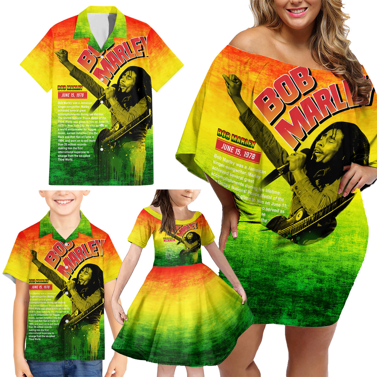 The Real Legend Bob Family Matching Off Shoulder Short Dress and Hawaiian Shirt African Jamaica Reggae - Wonder Print Shop