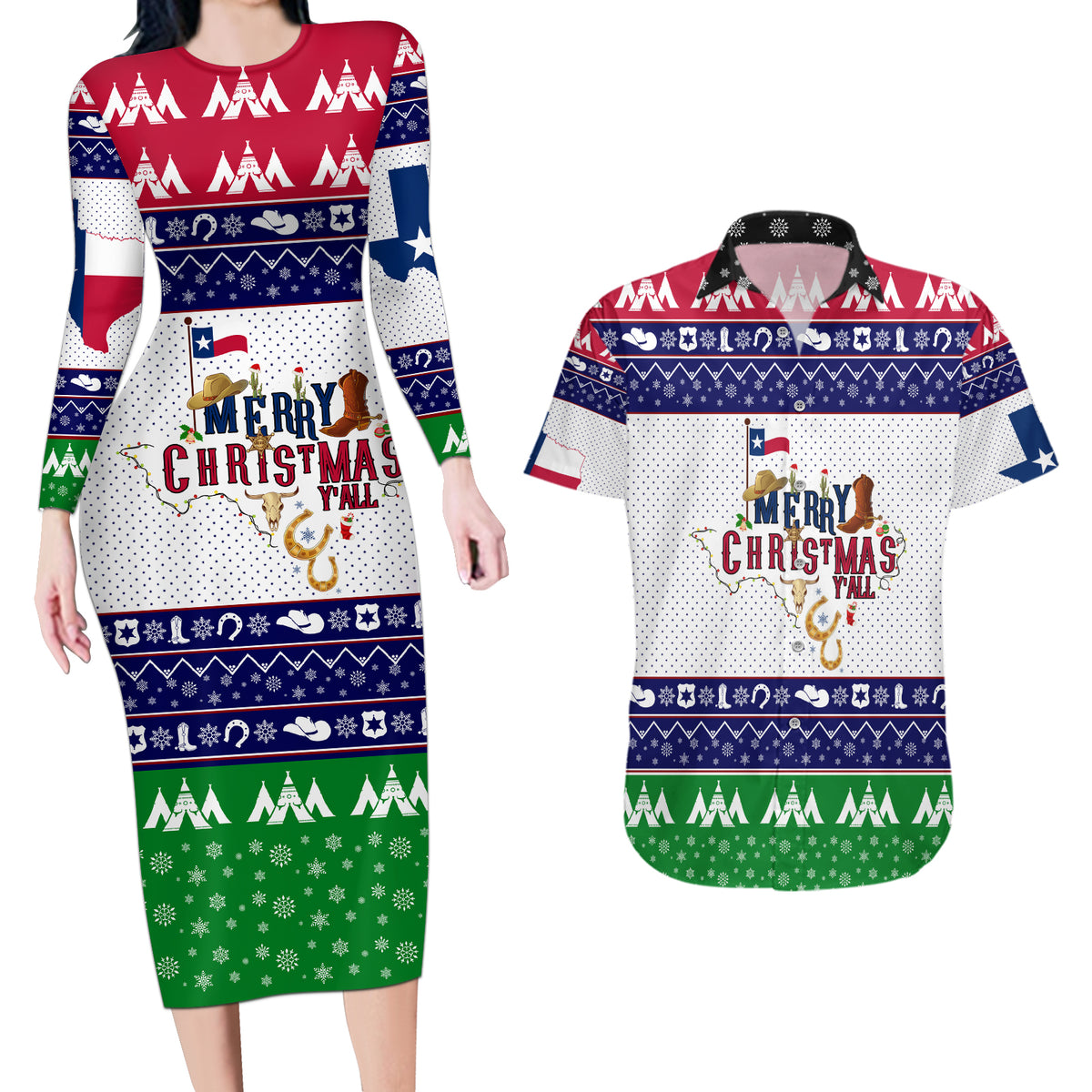 Merry Christmas Yall Texas Couples Matching Long Sleeve Bodycon Dress and Hawaiian Shirt - Wonder Print Shop