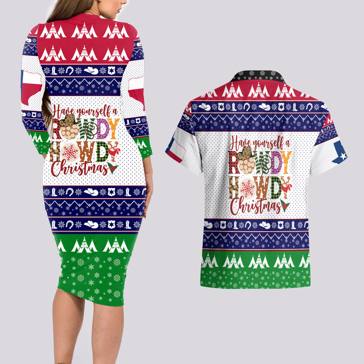 Merry Christmas Yall Texas Couples Matching Long Sleeve Bodycon Dress and Hawaiian Shirt - Wonder Print Shop