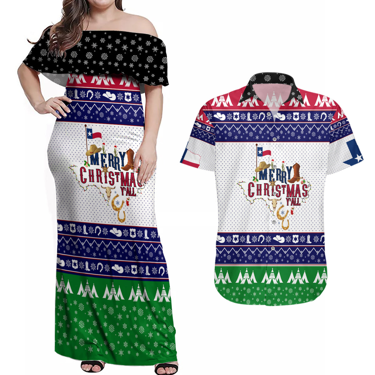 Merry Christmas Yall Texas Couples Matching Off Shoulder Maxi Dress and Hawaiian Shirt - Wonder Print Shop