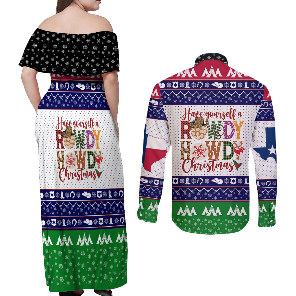 Merry Christmas Yall Texas Couples Matching Off Shoulder Maxi Dress and Long Sleeve Button Shirt - Wonder Print Shop