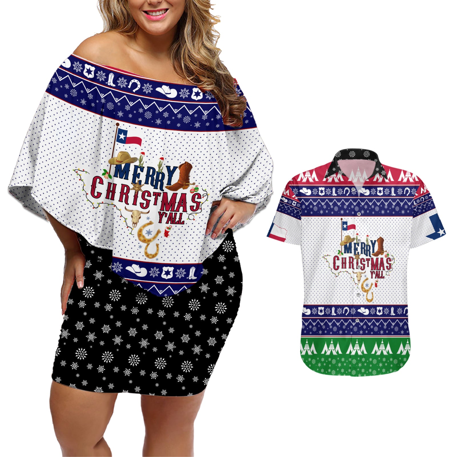 Merry Christmas Yall Texas Couples Matching Off Shoulder Short Dress and Hawaiian Shirt - Wonder Print Shop