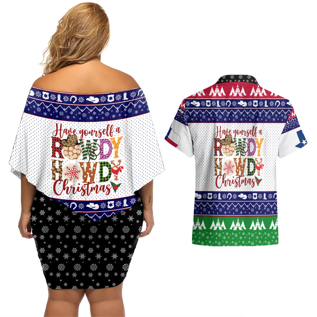 Merry Christmas Yall Texas Couples Matching Off Shoulder Short Dress and Hawaiian Shirt - Wonder Print Shop