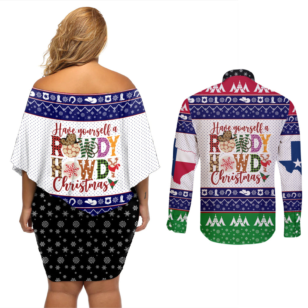 Merry Christmas Yall Texas Couples Matching Off Shoulder Short Dress and Long Sleeve Button Shirt - Wonder Print Shop