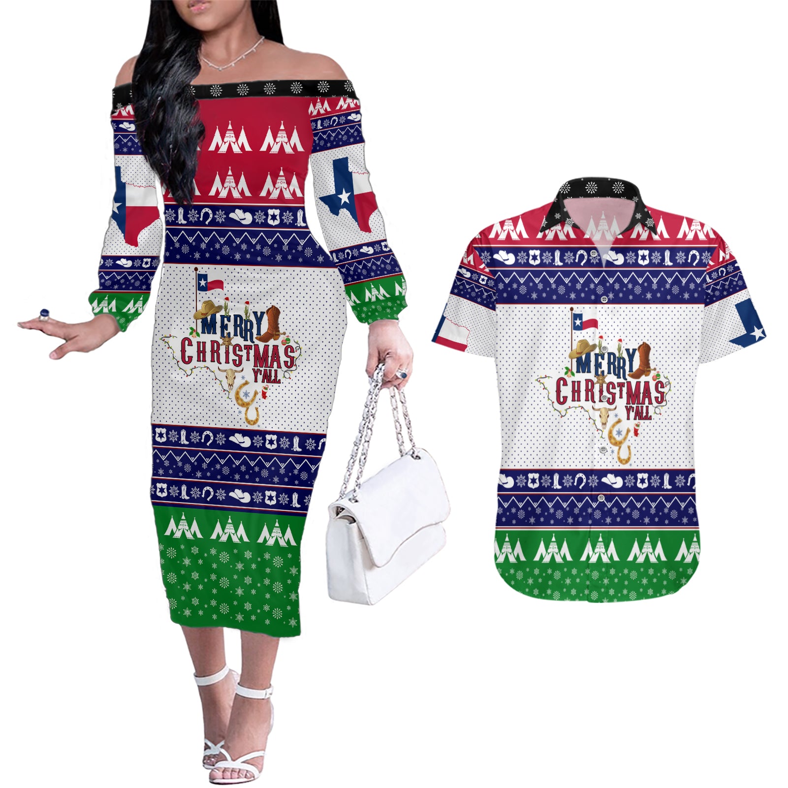 Merry Christmas Yall Texas Couples Matching Off The Shoulder Long Sleeve Dress and Hawaiian Shirt - Wonder Print Shop