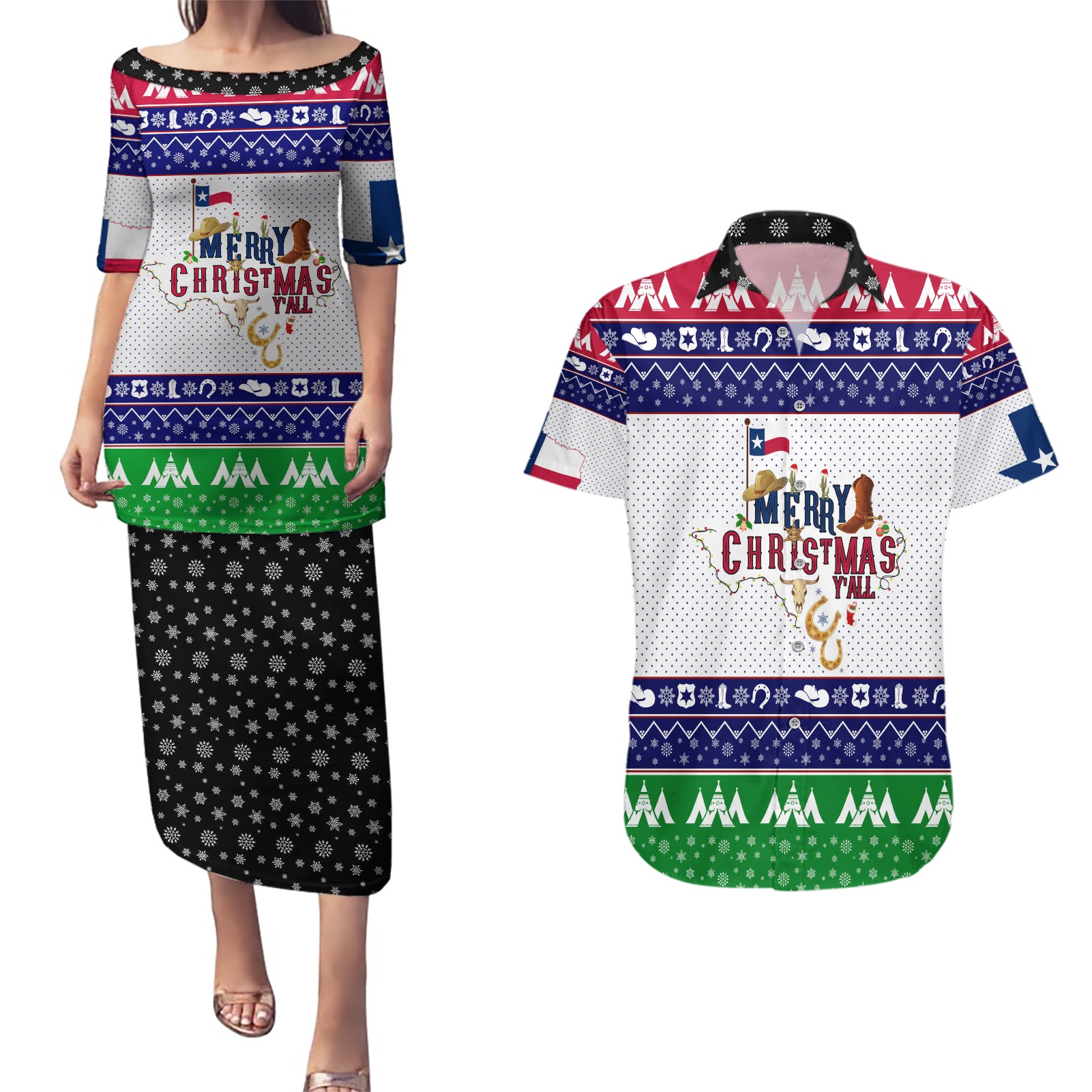 Merry Christmas Yall Texas Couples Matching Puletasi Dress and Hawaiian Shirt - Wonder Print Shop