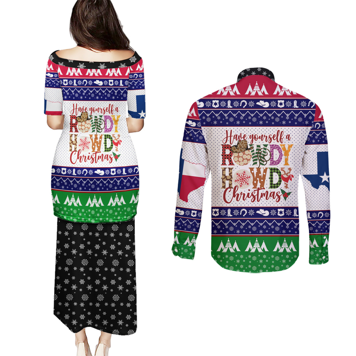 Merry Christmas Yall Texas Couples Matching Puletasi Dress and Long Sleeve Button Shirt - Wonder Print Shop