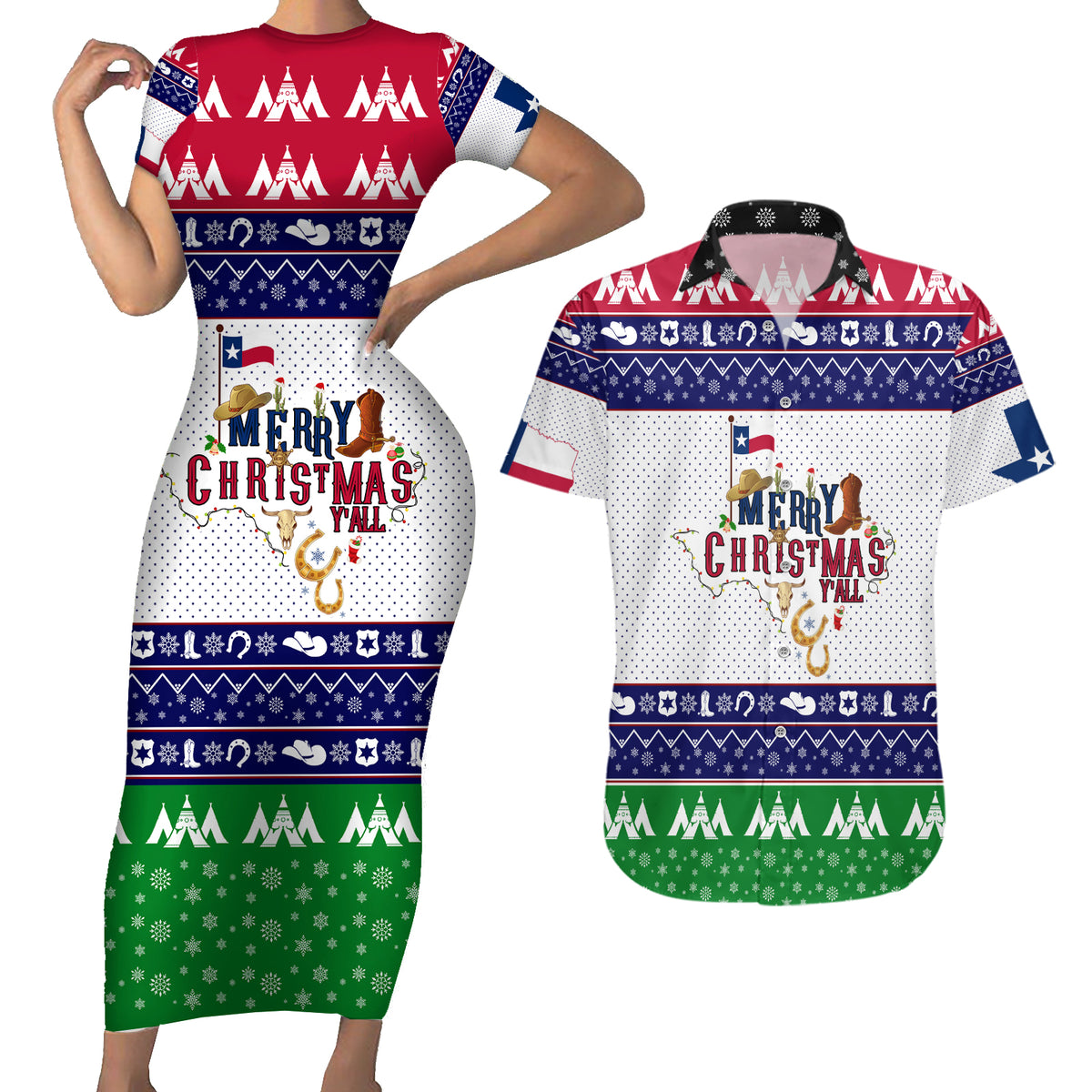 Merry Christmas Yall Texas Couples Matching Short Sleeve Bodycon Dress and Hawaiian Shirt - Wonder Print Shop