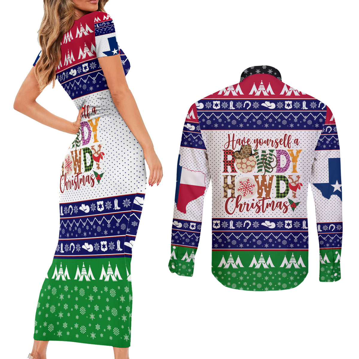 Merry Christmas Yall Texas Couples Matching Short Sleeve Bodycon Dress and Long Sleeve Button Shirt - Wonder Print Shop