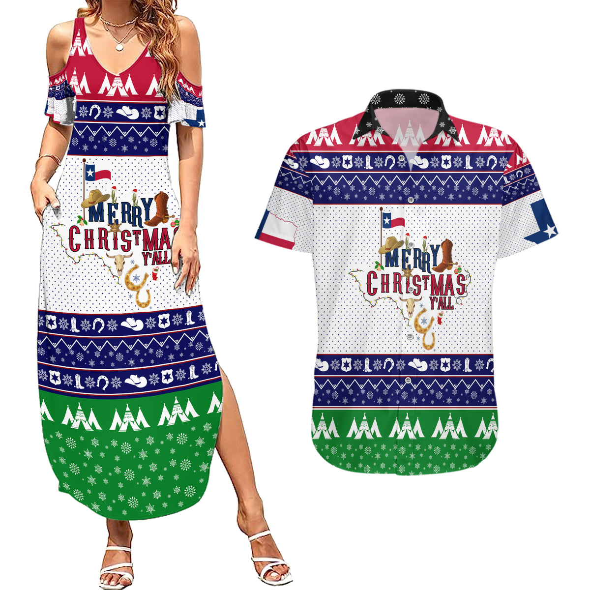 Merry Christmas Yall Texas Couples Matching Summer Maxi Dress and Hawaiian Shirt - Wonder Print Shop