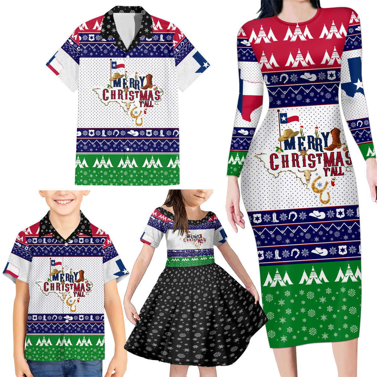 Merry Christmas Yall Texas Family Matching Long Sleeve Bodycon Dress and Hawaiian Shirt - Wonder Print Shop