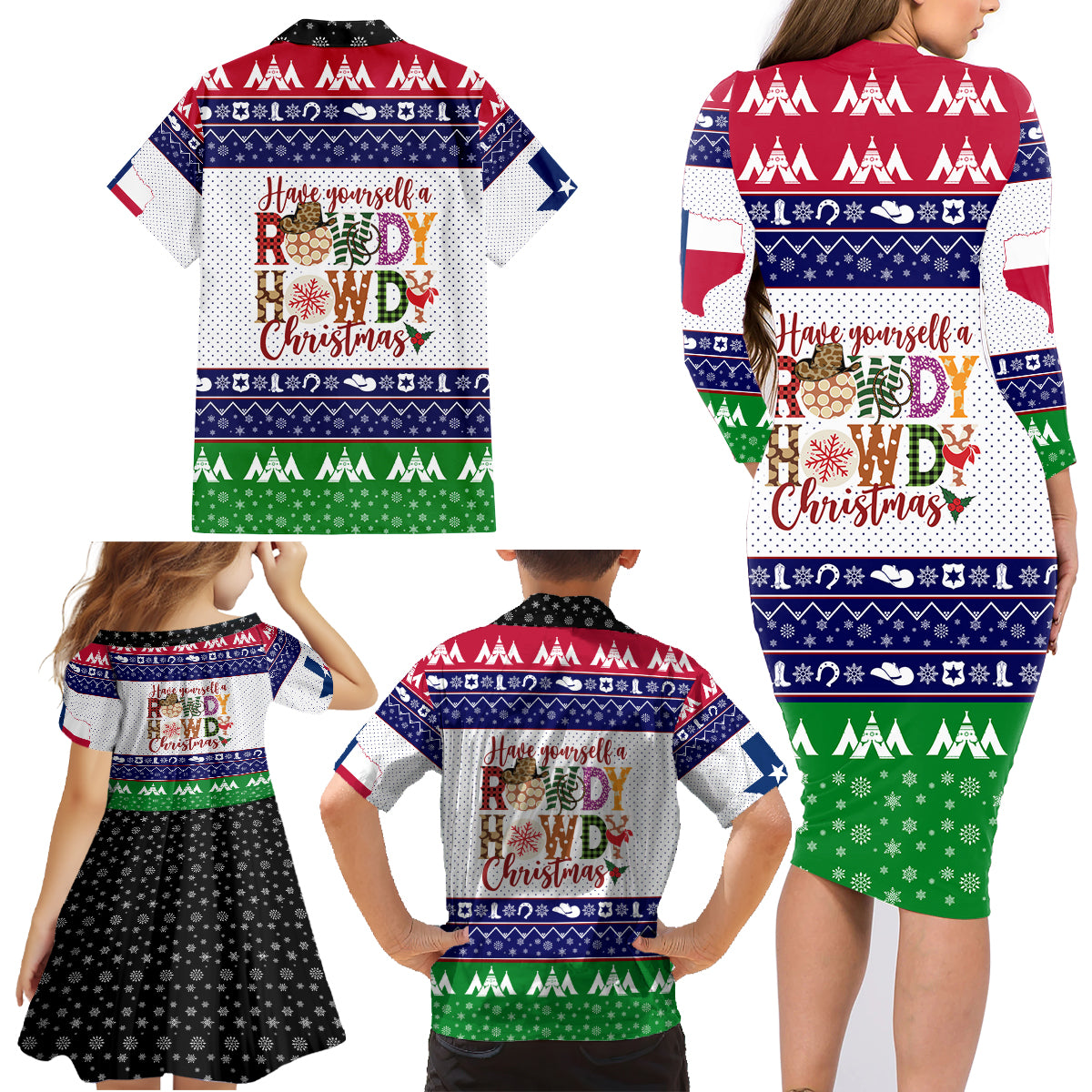 Merry Christmas Yall Texas Family Matching Long Sleeve Bodycon Dress and Hawaiian Shirt - Wonder Print Shop