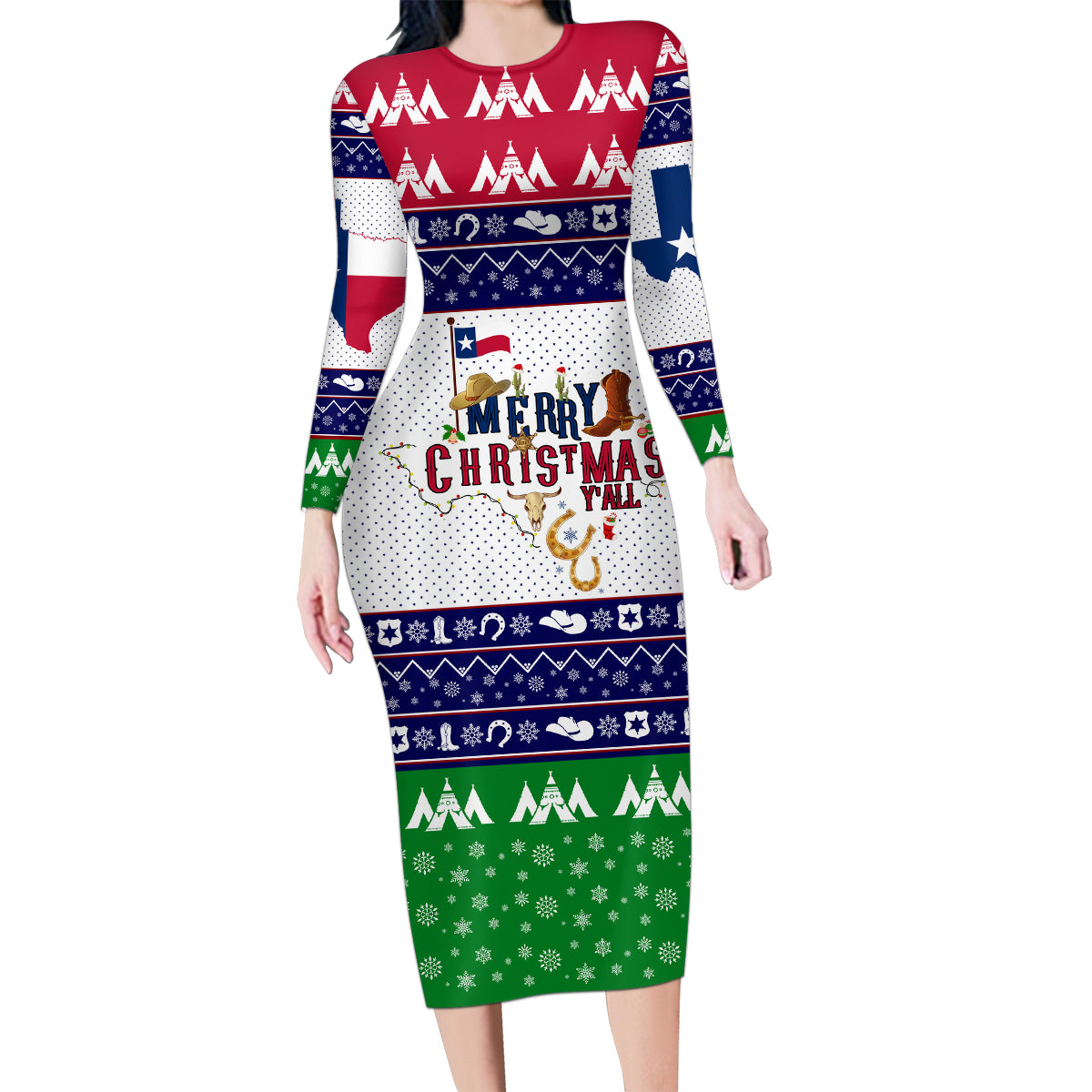 Merry Christmas Yall Texas Family Matching Long Sleeve Bodycon Dress and Hawaiian Shirt - Wonder Print Shop
