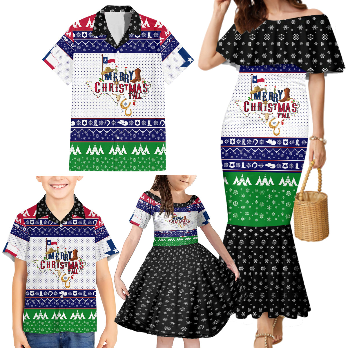 Merry Christmas Yall Texas Family Matching Mermaid Dress and Hawaiian Shirt - Wonder Print Shop