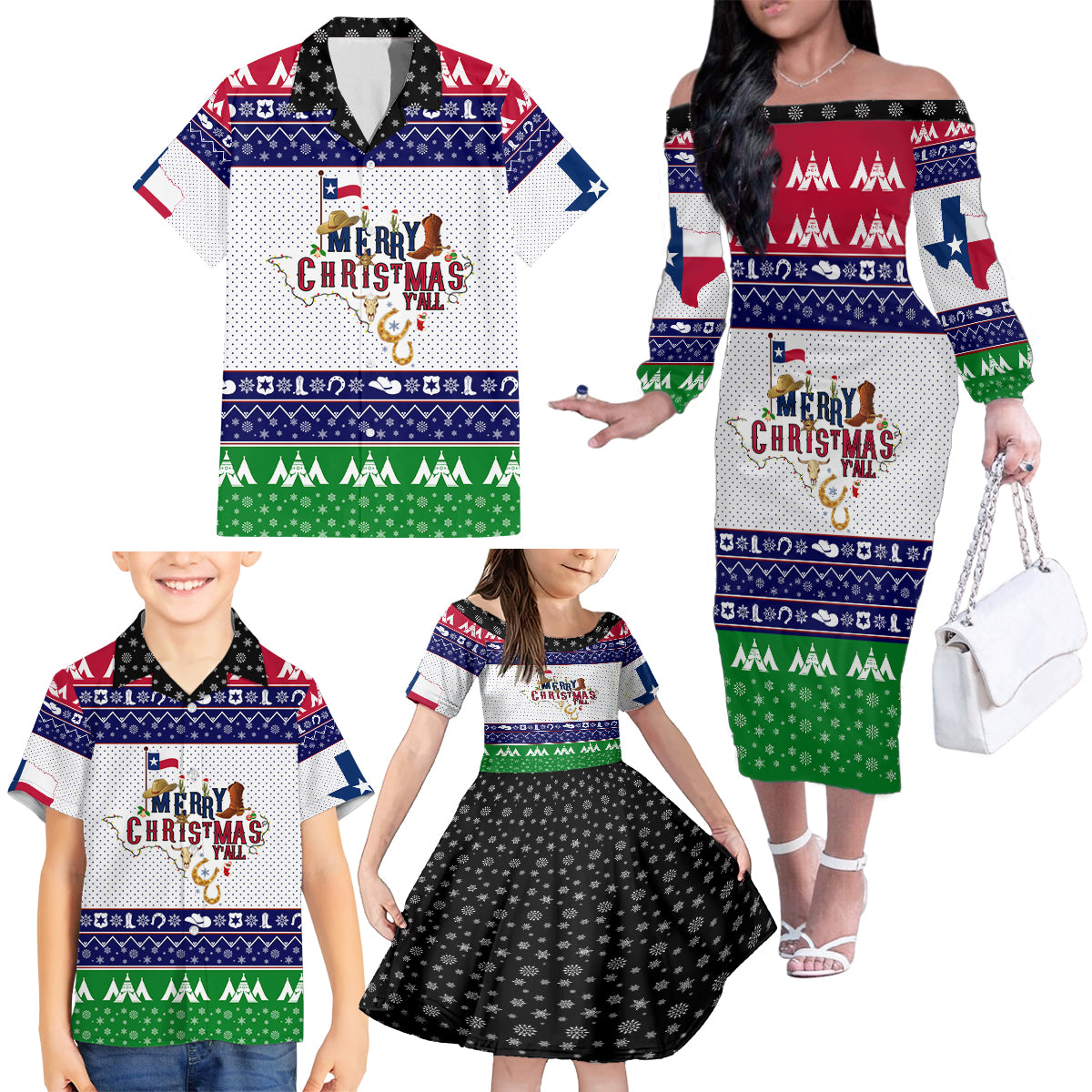 Merry Christmas Yall Texas Family Matching Off Shoulder Long Sleeve Dress and Hawaiian Shirt - Wonder Print Shop