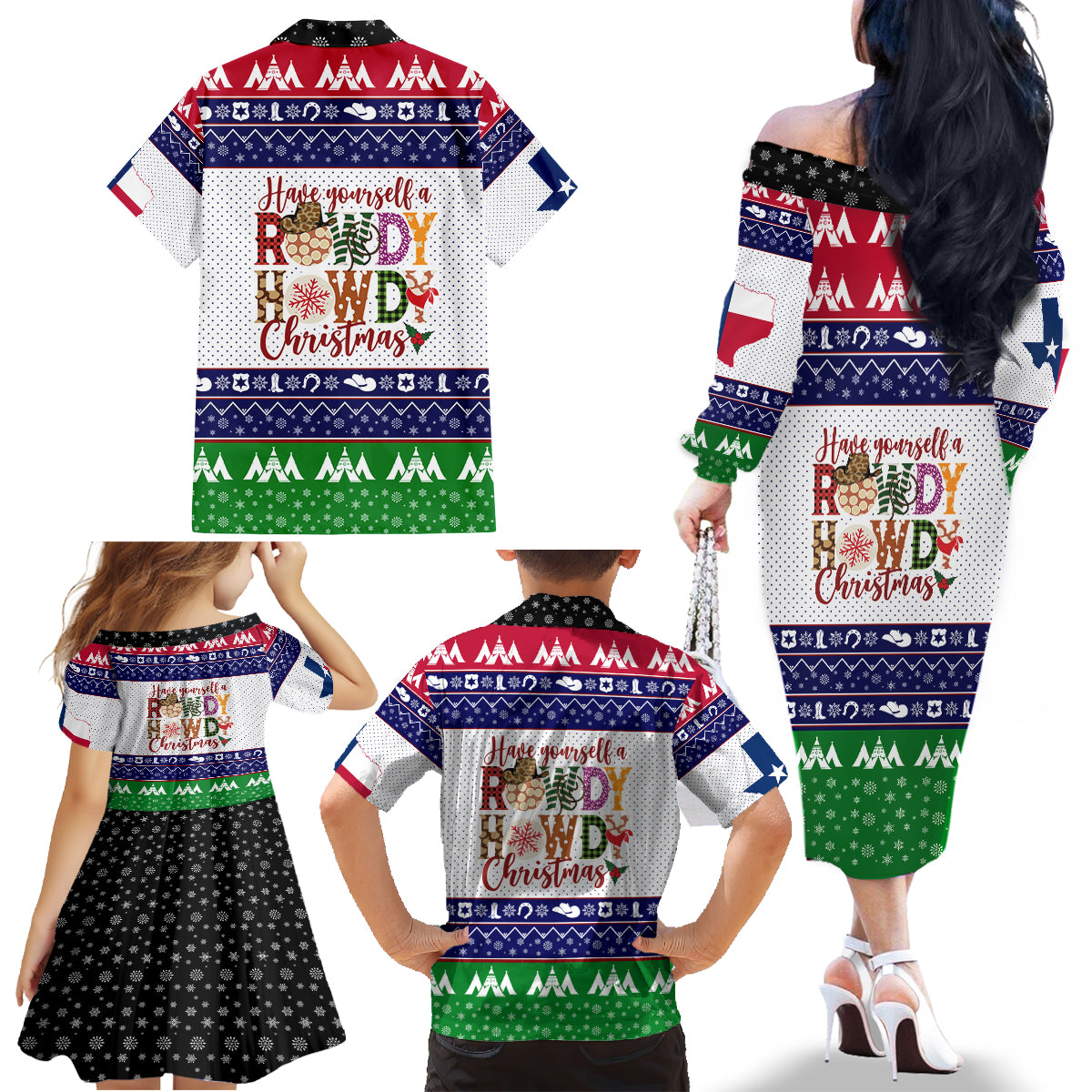 Merry Christmas Yall Texas Family Matching Off Shoulder Long Sleeve Dress and Hawaiian Shirt - Wonder Print Shop