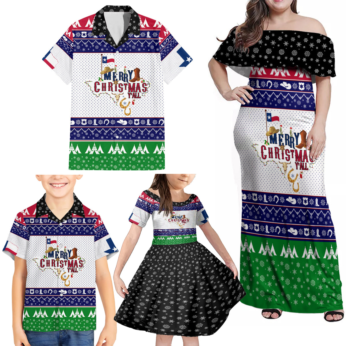 Merry Christmas Yall Texas Family Matching Off Shoulder Maxi Dress and Hawaiian Shirt - Wonder Print Shop