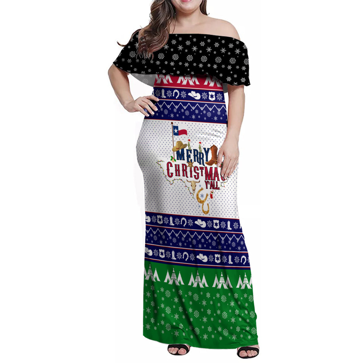 Merry Christmas Yall Texas Family Matching Off Shoulder Maxi Dress and Hawaiian Shirt - Wonder Print Shop