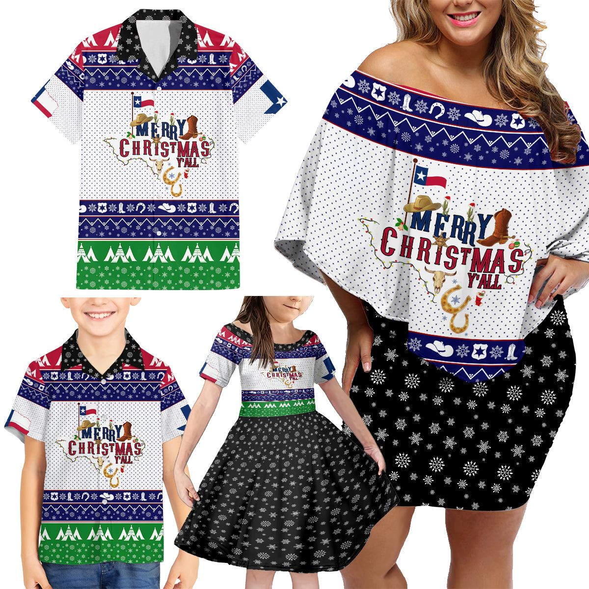 Merry Christmas Yall Texas Family Matching Off Shoulder Short Dress and Hawaiian Shirt - Wonder Print Shop