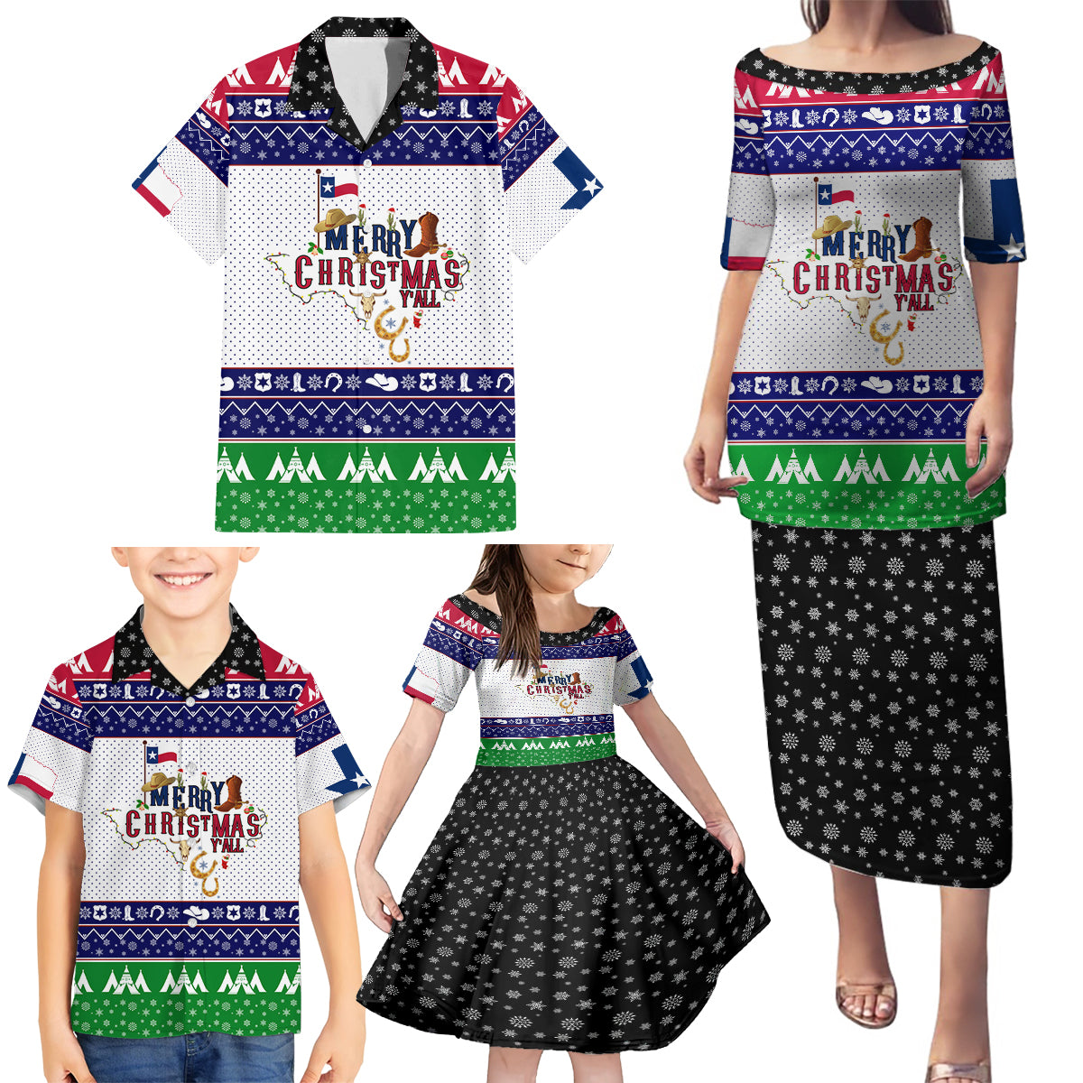 Merry Christmas Yall Texas Family Matching Puletasi Dress and Hawaiian Shirt - Wonder Print Shop