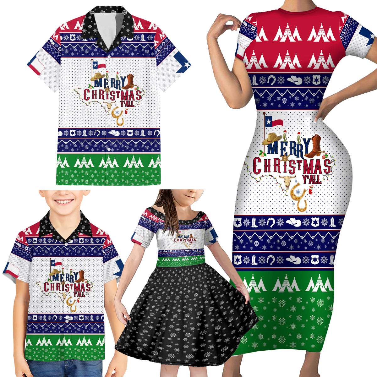 Merry Christmas Yall Texas Family Matching Short Sleeve Bodycon Dress and Hawaiian Shirt - Wonder Print Shop