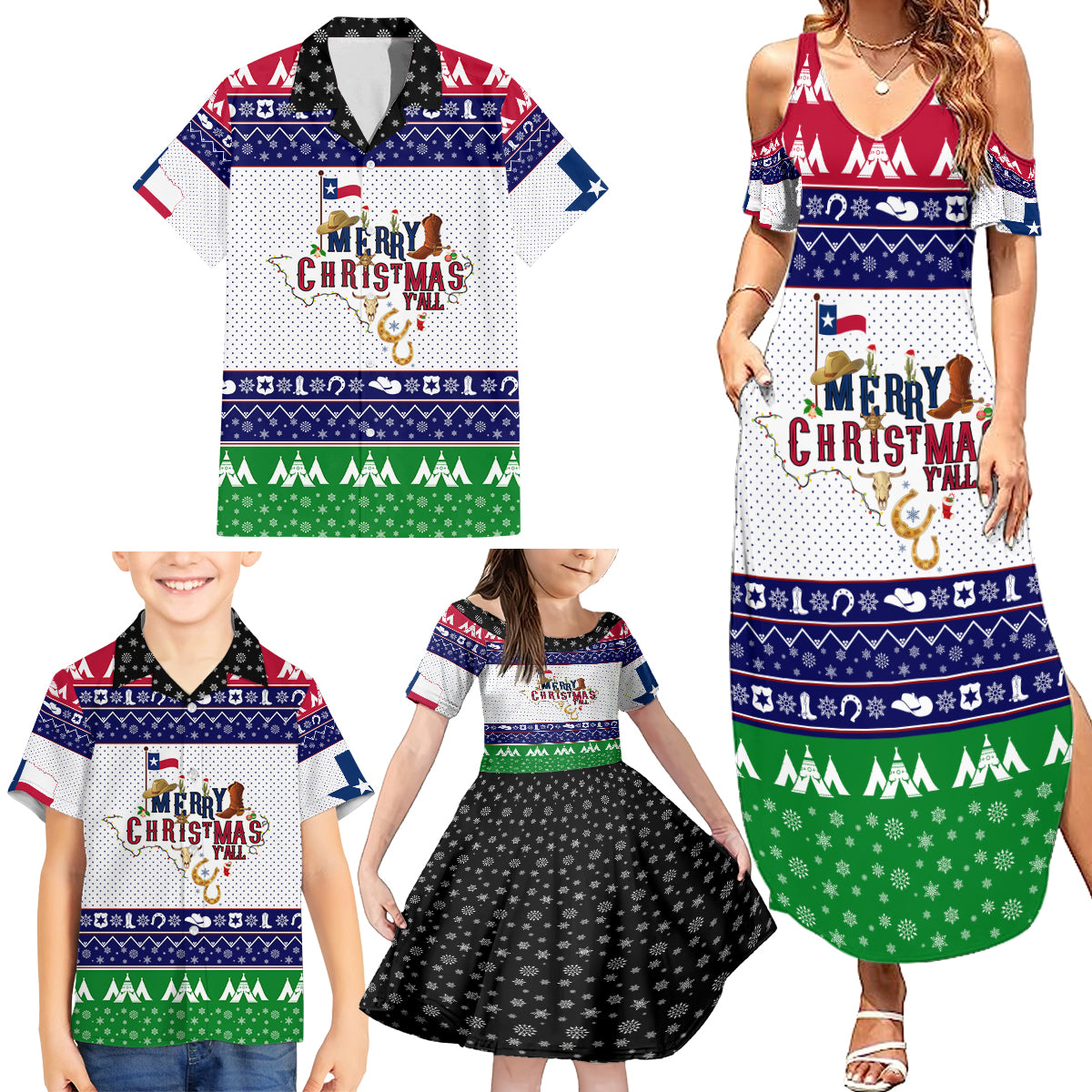 Merry Christmas Yall Texas Family Matching Summer Maxi Dress and Hawaiian Shirt - Wonder Print Shop