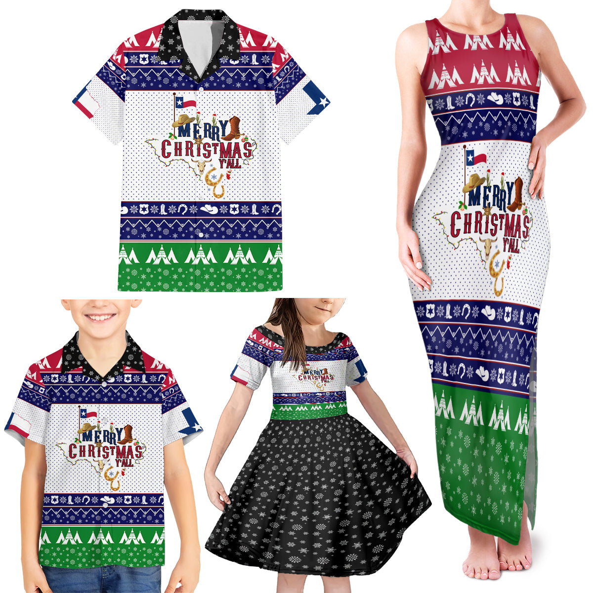 Merry Christmas Yall Texas Family Matching Tank Maxi Dress and Hawaiian Shirt - Wonder Print Shop