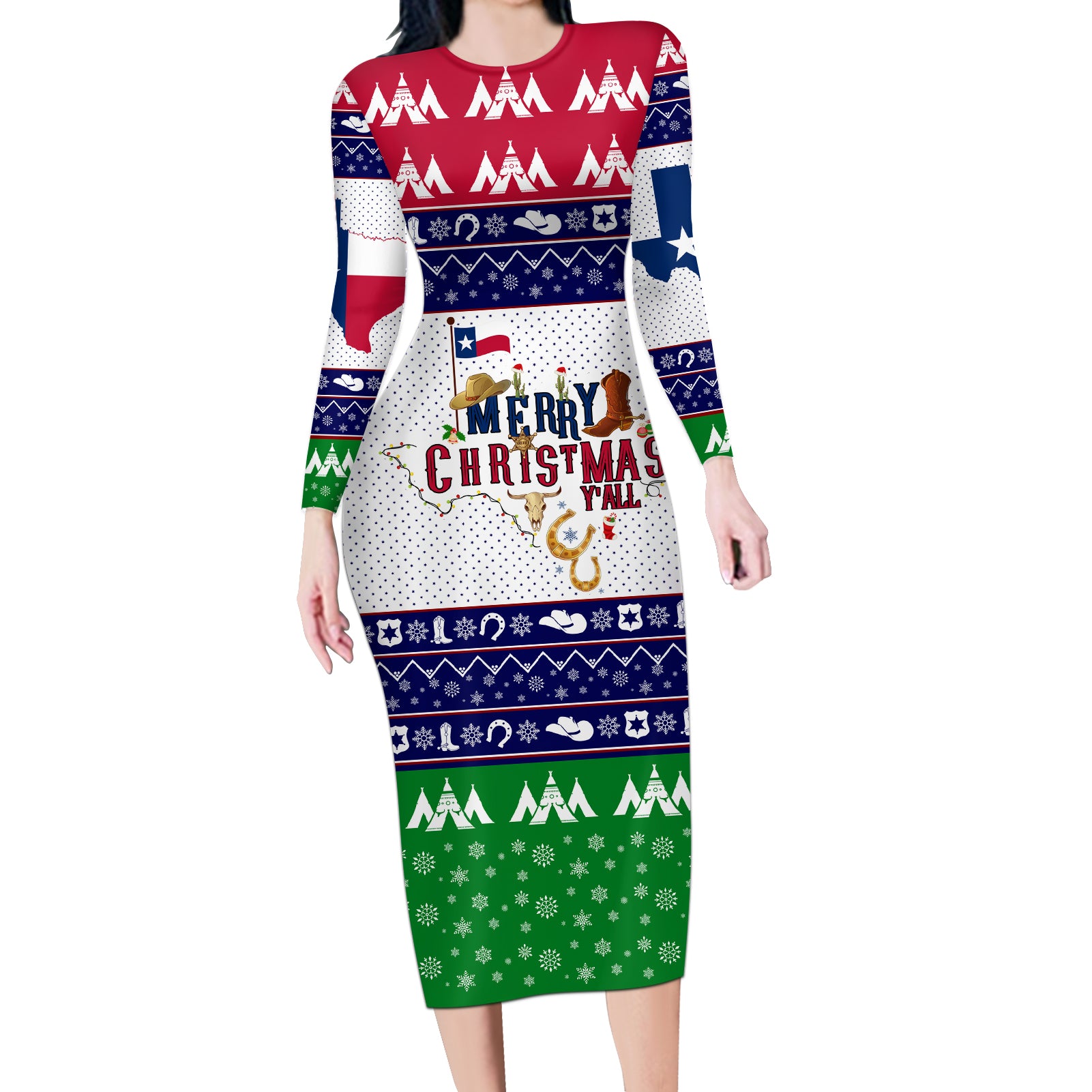 Merry Christmas Yall Texas Long Sleeve Bodycon Dress - Wonder Print Shop